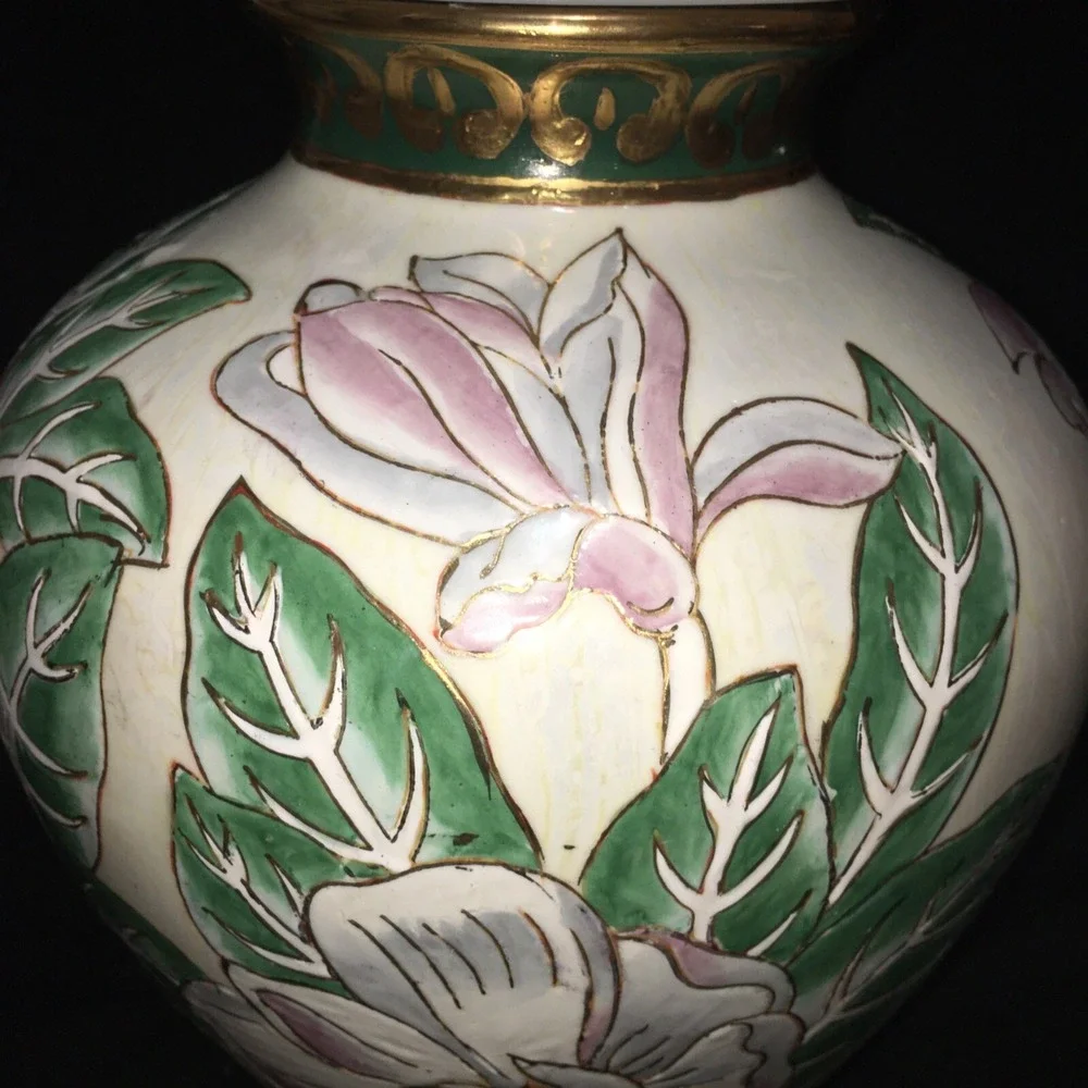 Floral Vase With  Magnolias and Gold Accents Vintage Asian Southern Style‎ Large